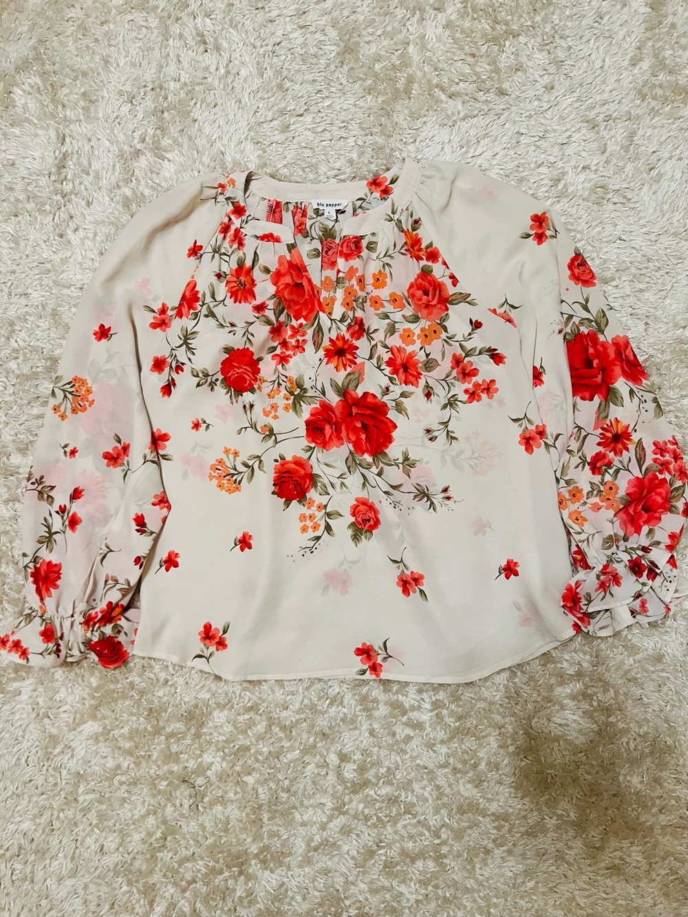 Blu Pepper Red Floral Keyhole Blouse on Cream